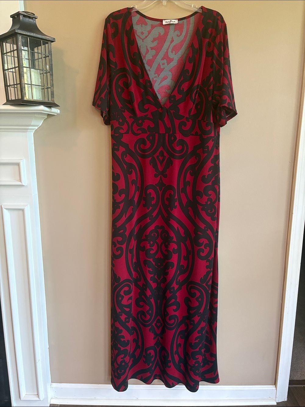 V-Neck Burgundy & Black Scroll Maxi Dress